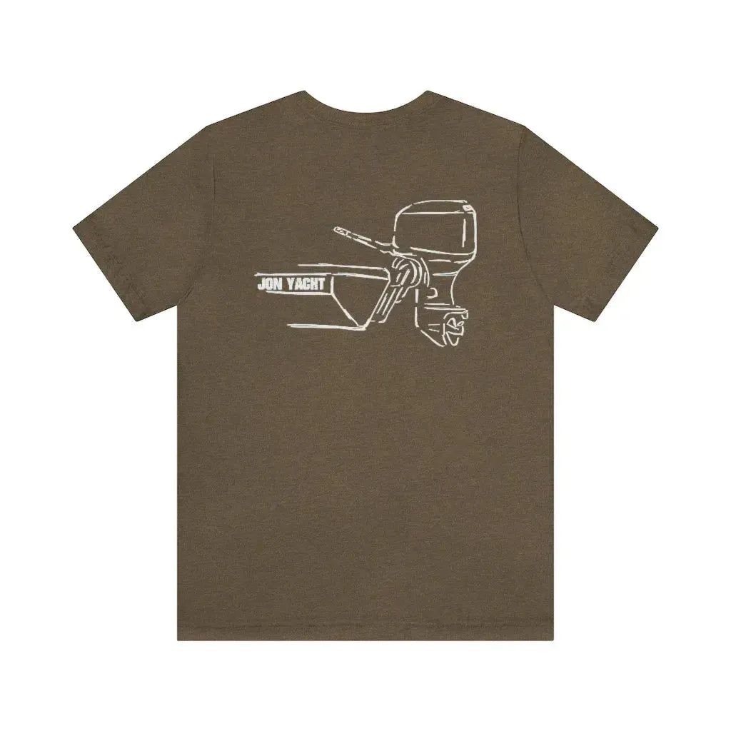 Brown cotton tee with white "JON YACHT" boat and MERC Tiller graphic on the back.