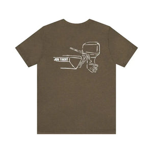 Brown cotton tee with white "JON YACHT" boat and MERC Tiller graphic on the back.