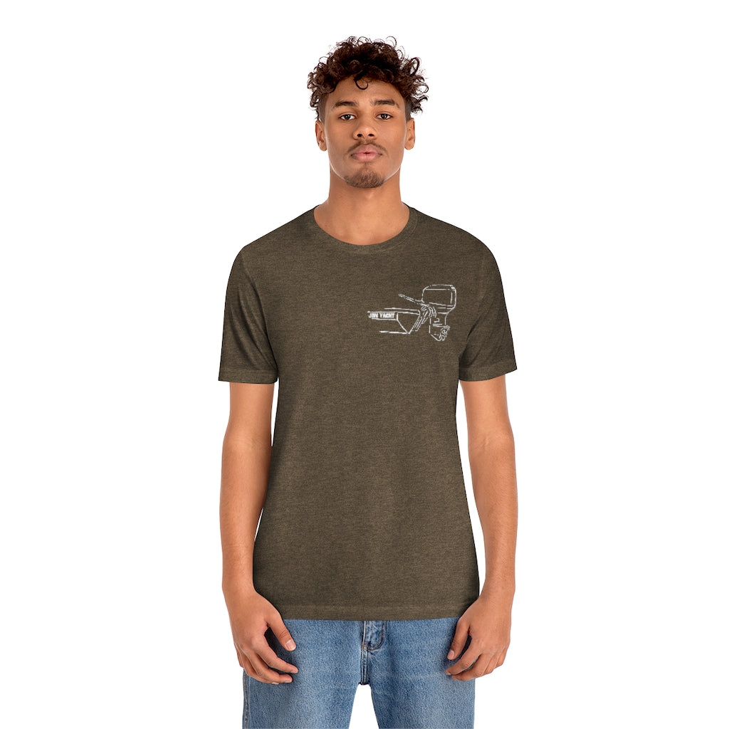 Man in a brown MERC Tiller tee with a white outboard motor graphic on the left chest.