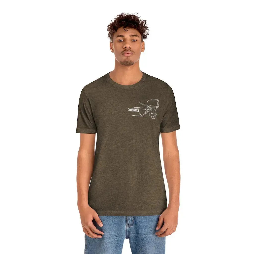 Man in a brown MERC Tiller tee with a white outboard motor graphic on the left chest.