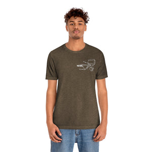 Man in a brown MERC Tiller tee with a white outboard motor graphic on the left chest.