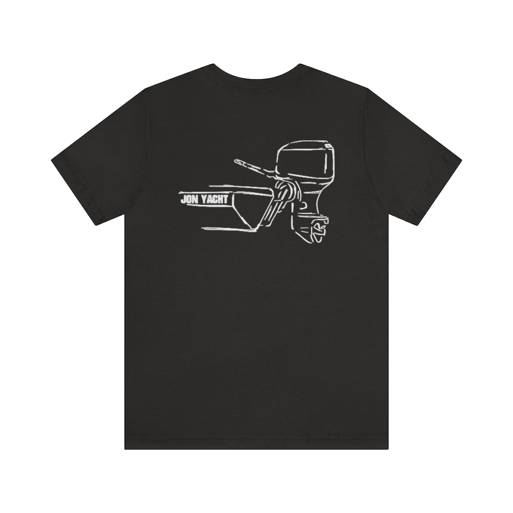 Black cotton tee with white "JON YACHT" boat and MERC Tiller outline graphic.