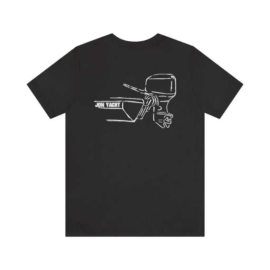 Black cotton tee with white "JON YACHT" boat and MERC Tiller outline graphic.