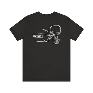 Black cotton tee with white "JON YACHT" boat and MERC Tiller outline graphic.