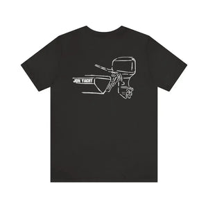 Black cotton tee with white "JON YACHT" boat and MERC Tiller outline graphic.