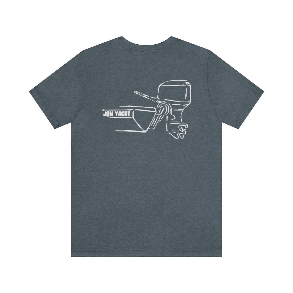 Heather navy cotton tee with white "JON YACHT" boat and MERC Tiller outline design on back.