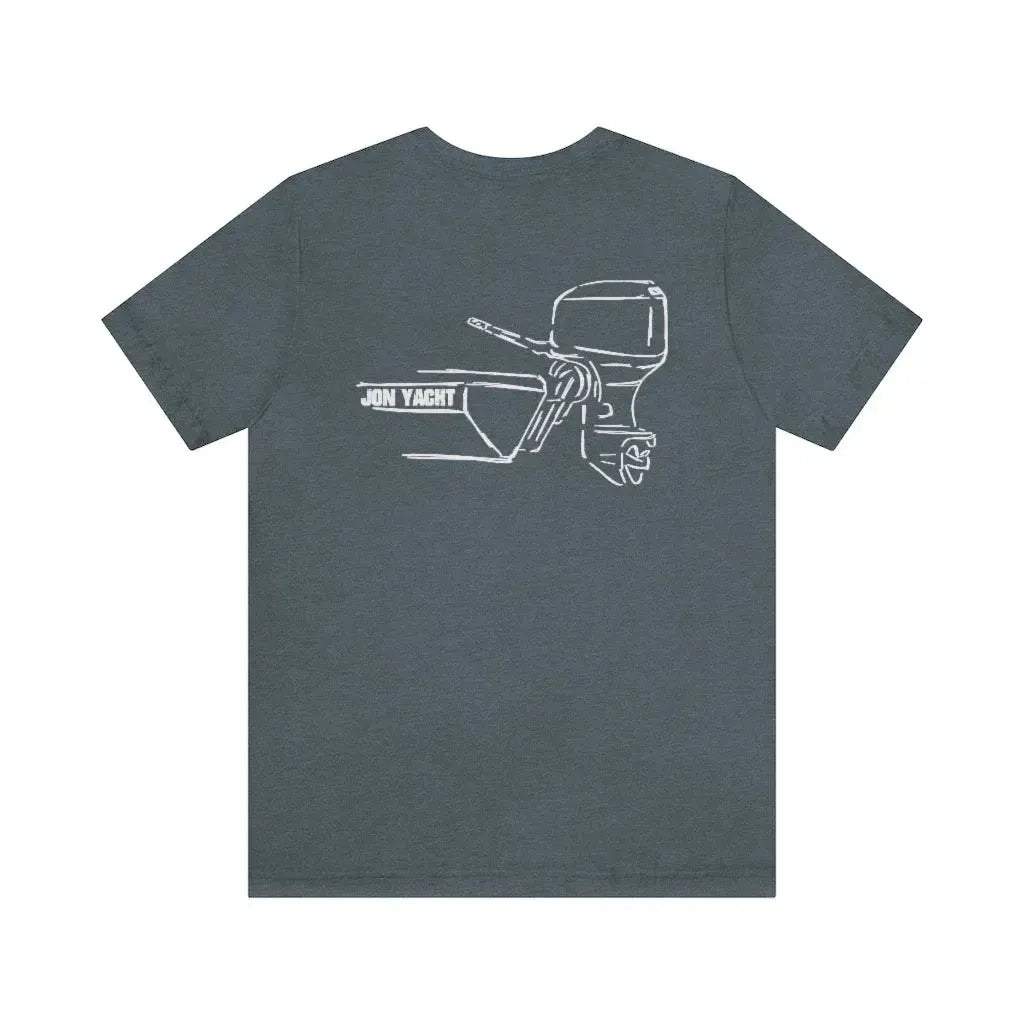 Heather navy cotton tee with white "JON YACHT" boat and MERC Tiller outline design on back.
