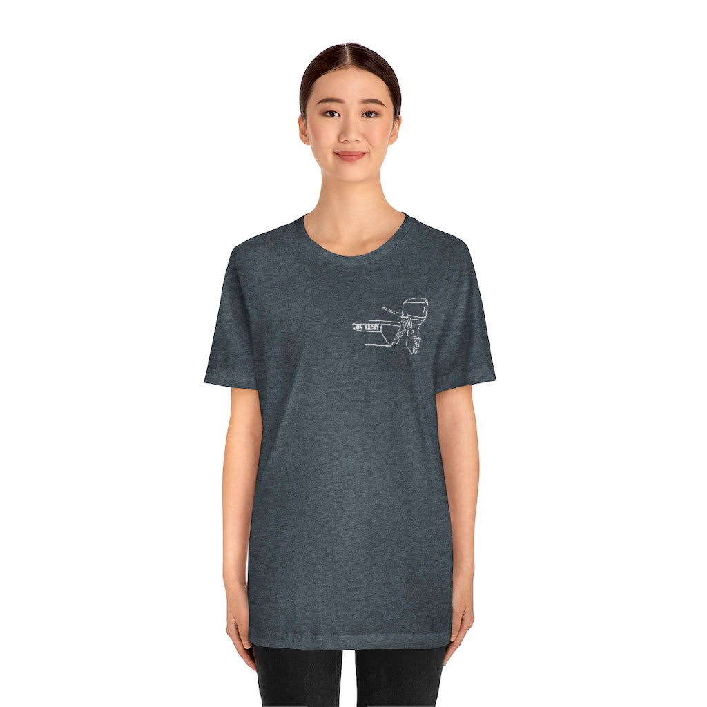 Woman wearing a charcoal gray cotton tee with a white MERC Tiller outboard motor graphic.
