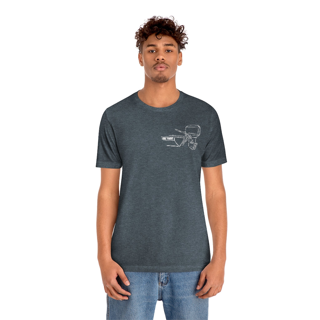 MERC Tiller dark gray cotton tee with a white outline graphic of a boat motor on the left chest.