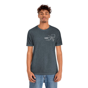 MERC Tiller dark gray cotton tee with a white outline graphic of a boat motor on the left chest.