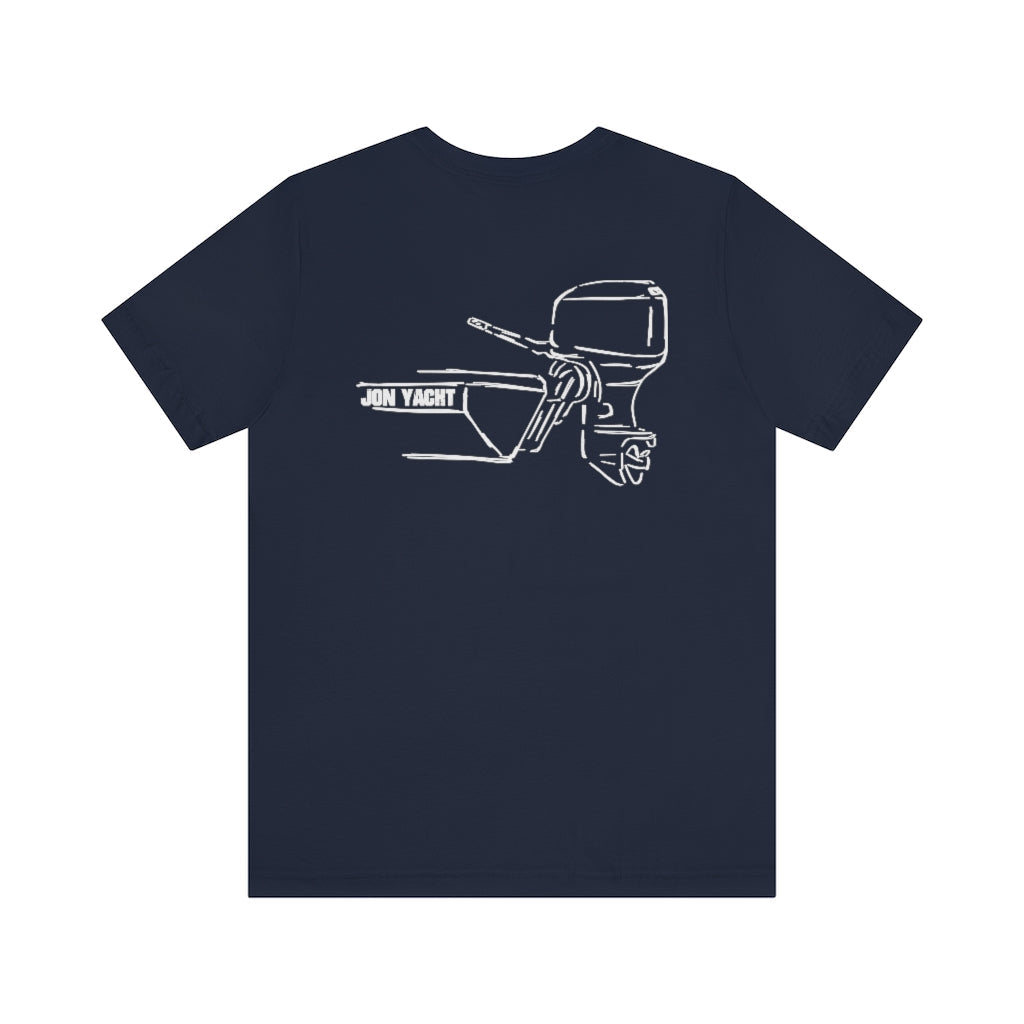 Navy blue cotton tee with a white outline graphic of a boat and outboard motor.