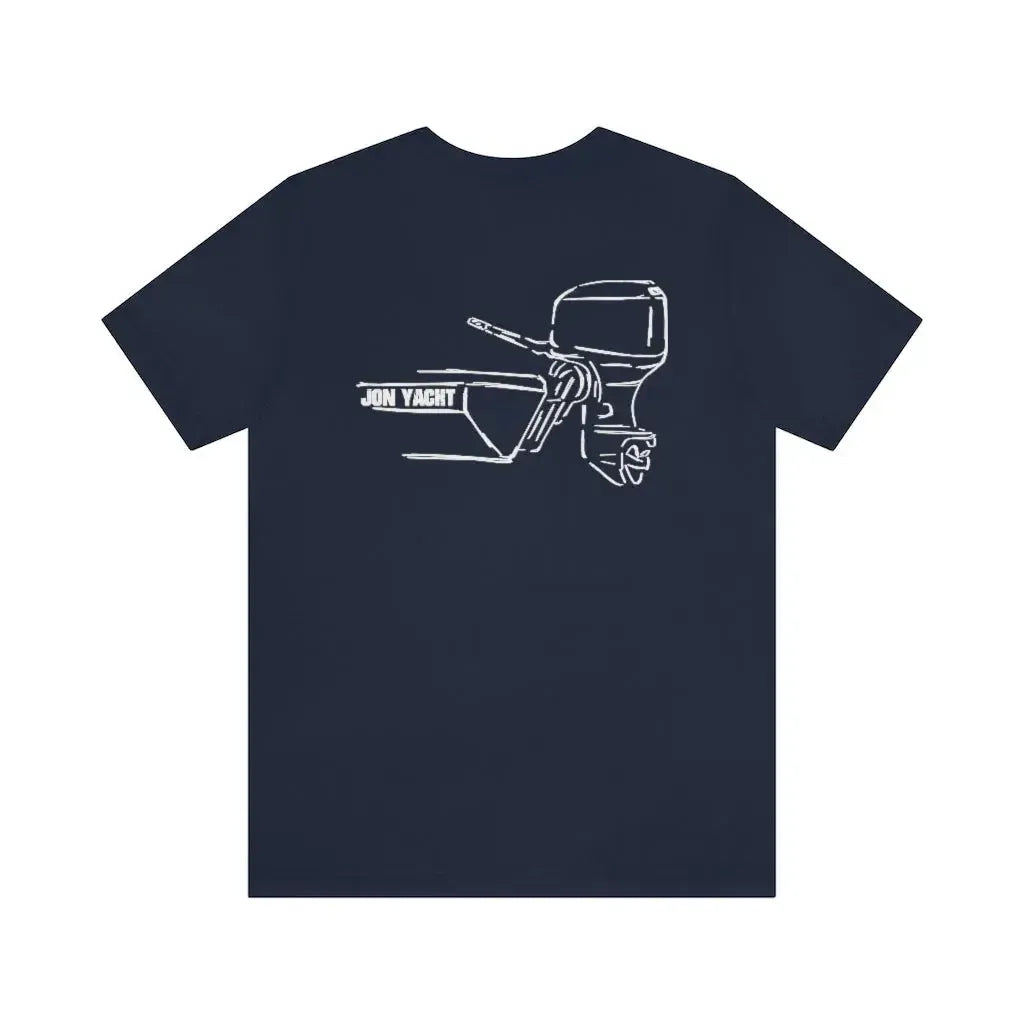 Navy blue cotton tee with a white outline graphic of a boat and outboard motor.