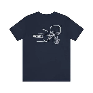 Navy blue cotton tee with a white outline graphic of a boat and outboard motor.