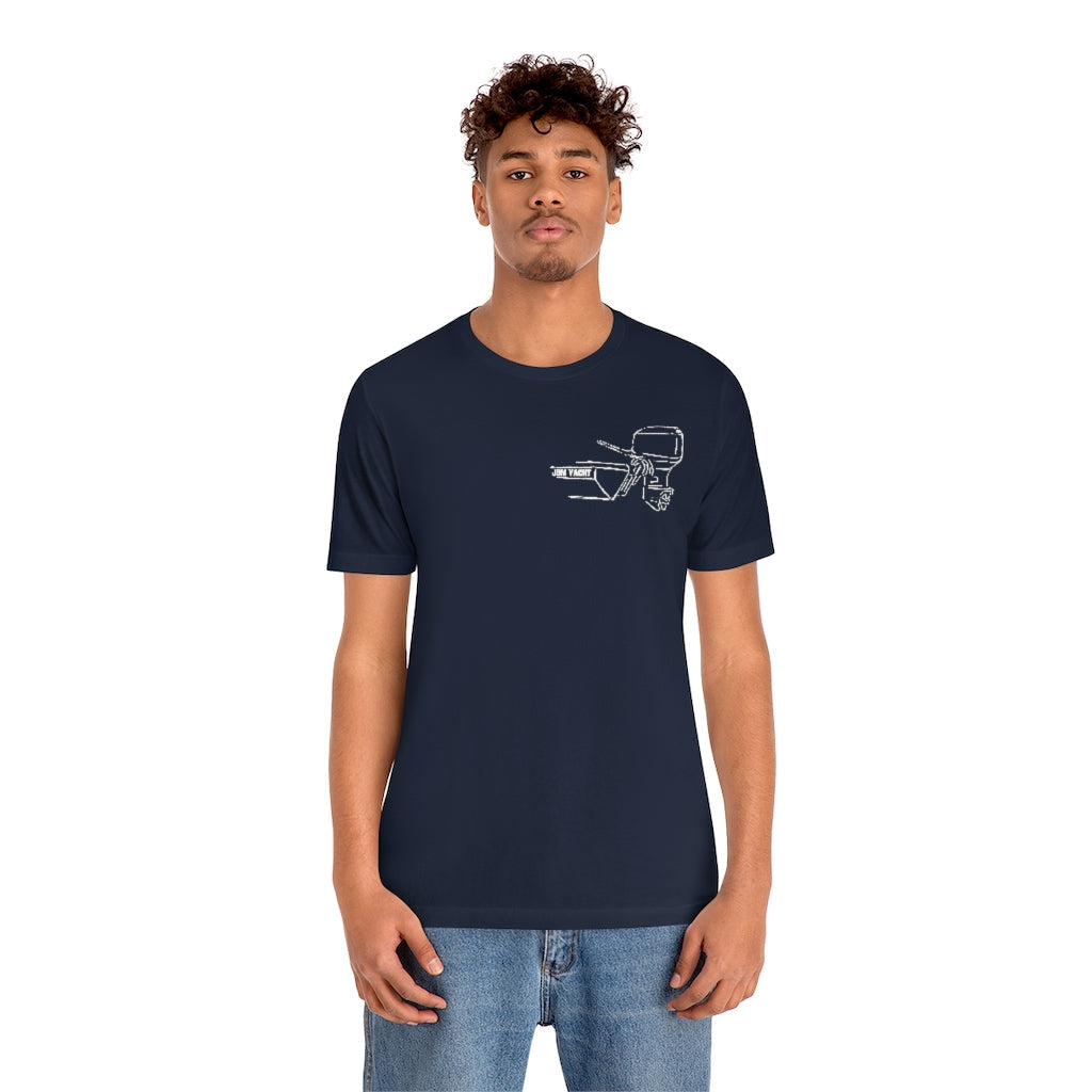 Navy blue MERC Tiller tee with white outboard motor graphic on left chest, worn by a man.