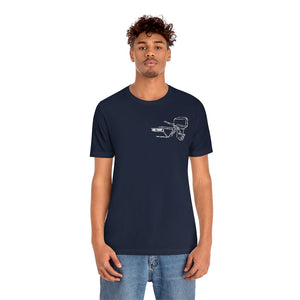 Navy blue MERC Tiller tee with white outboard motor graphic on left chest, worn by a man.