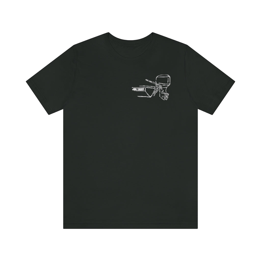 Black MERC Tiller short sleeve tee with white outline graphic of a boat motor.