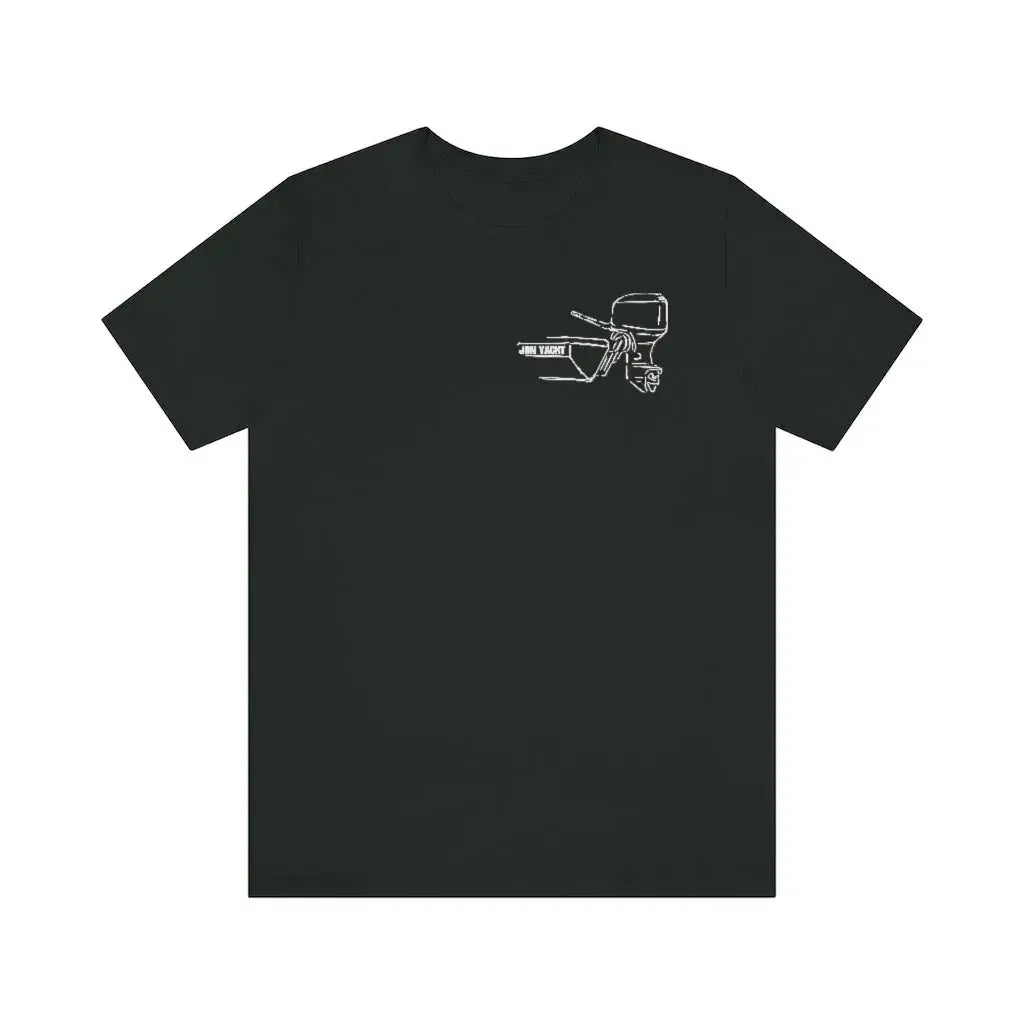 Black MERC Tiller short sleeve tee with white outline graphic of a boat motor.