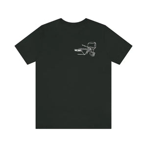 Black MERC Tiller short sleeve tee with white outline graphic of a boat motor.