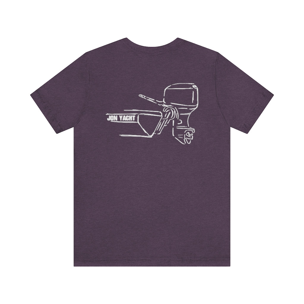 Purple cotton tee with white "JON YACHT" boat and MERC Tiller outboard motor graphic.