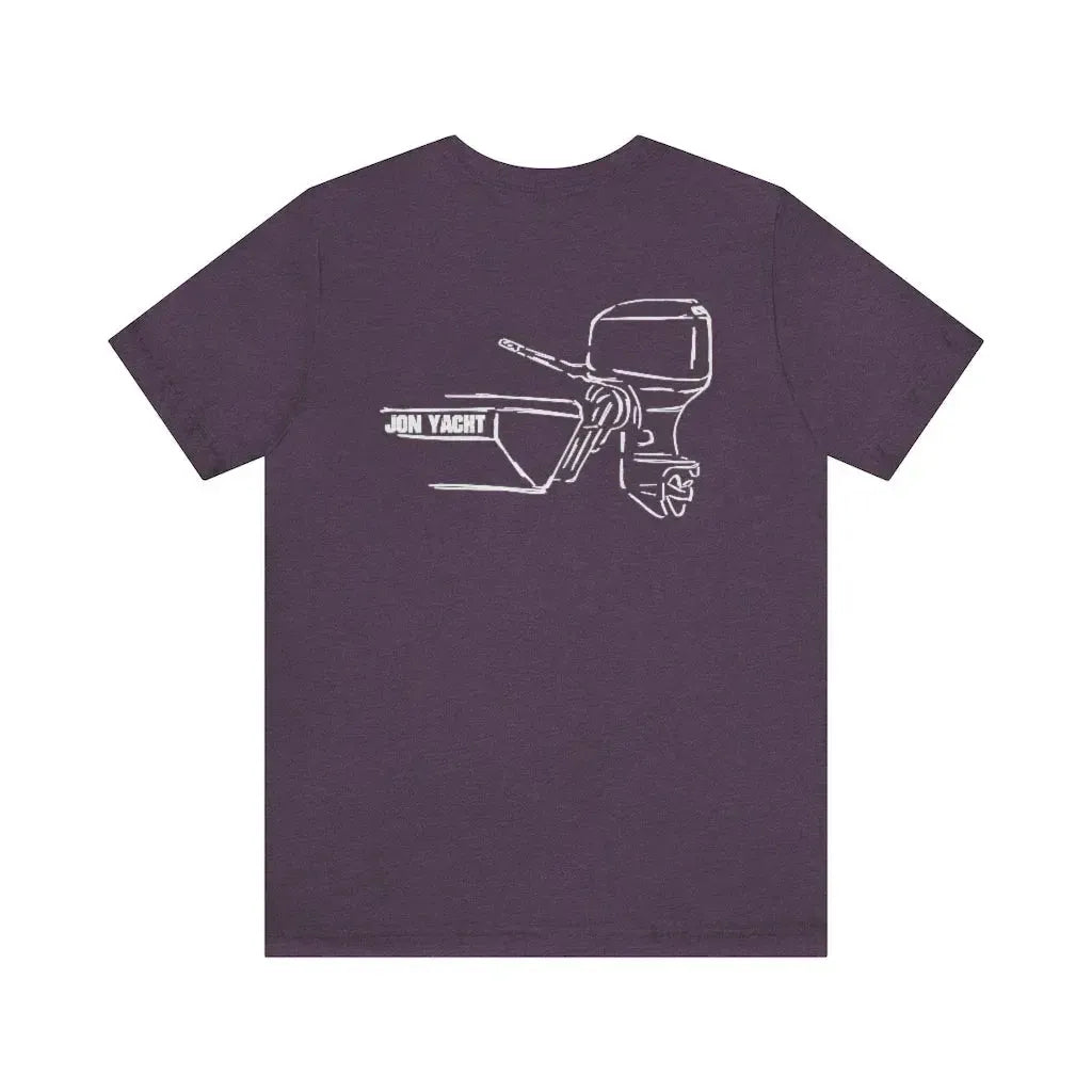 Purple cotton tee with white "JON YACHT" boat and MERC Tiller outboard motor graphic.