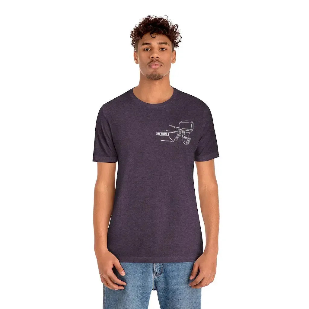 Man wearing a heather purple MERC Tiller graphic tee with a white outline design on the left chest.