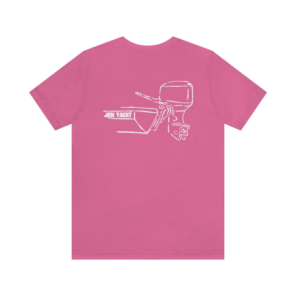 Pink cotton tee with white "JON YACHT" boat and MERC Tiller outline graphic on back.
