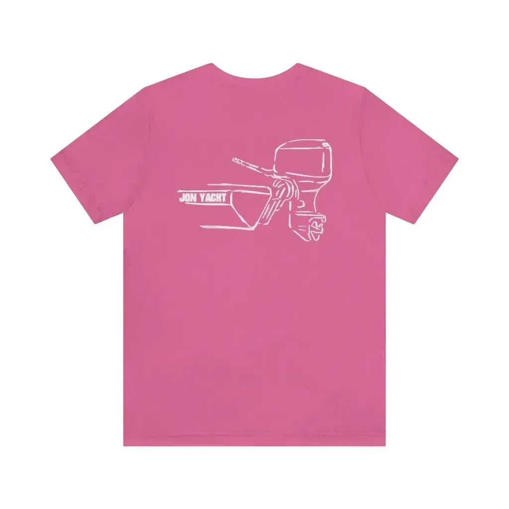 Pink cotton tee with white "JON YACHT" boat and MERC Tiller outline graphic on back.