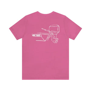 Pink cotton tee with white "JON YACHT" boat and MERC Tiller outline graphic on back.