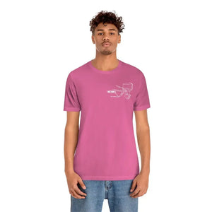 Man in a pink MERC Tiller short sleeve tee with a white boat motor graphic on the left chest.