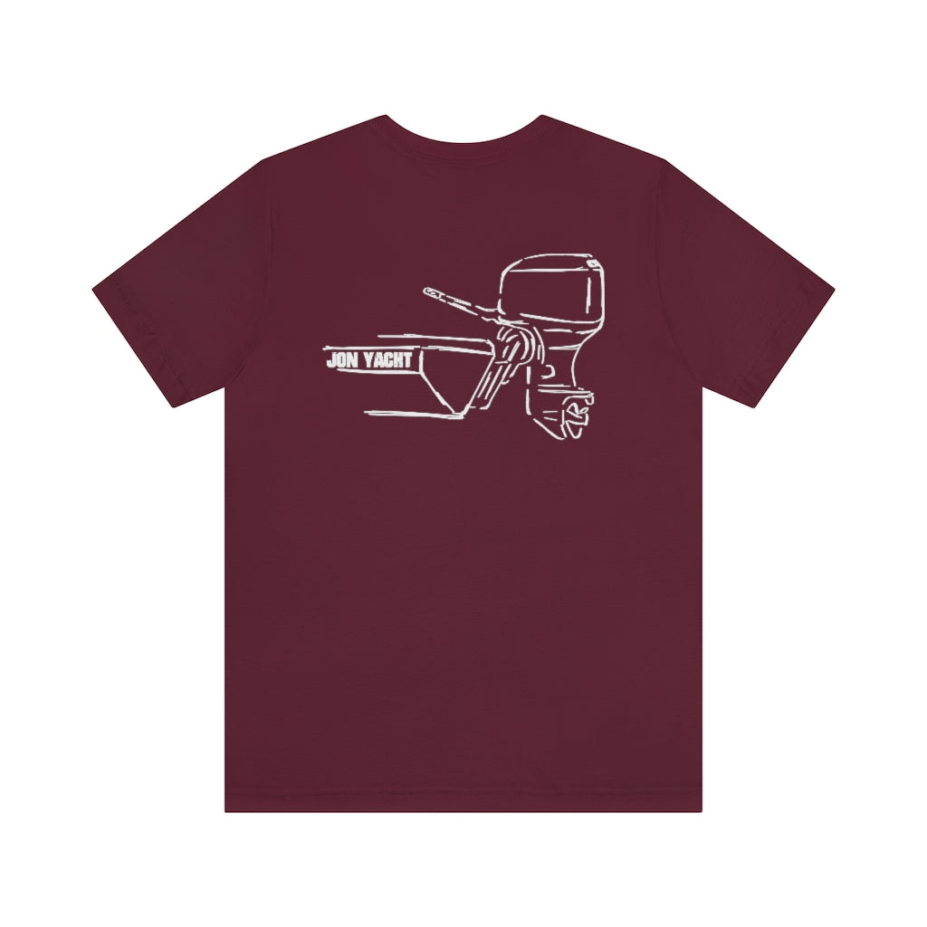 MERC Tiller maroon cotton tee with white "JON YACHT" boat and outboard motor graphic.