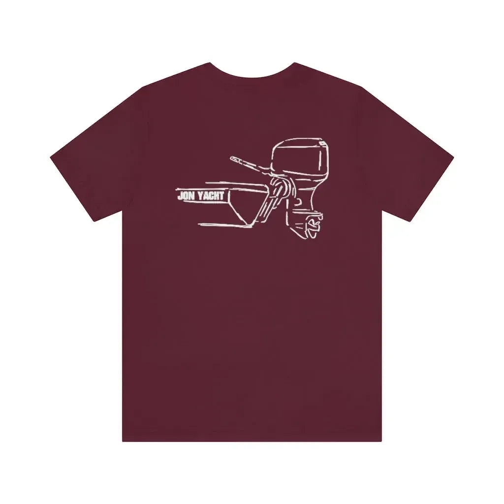 MERC Tiller maroon cotton tee with white "JON YACHT" boat and outboard motor graphic.