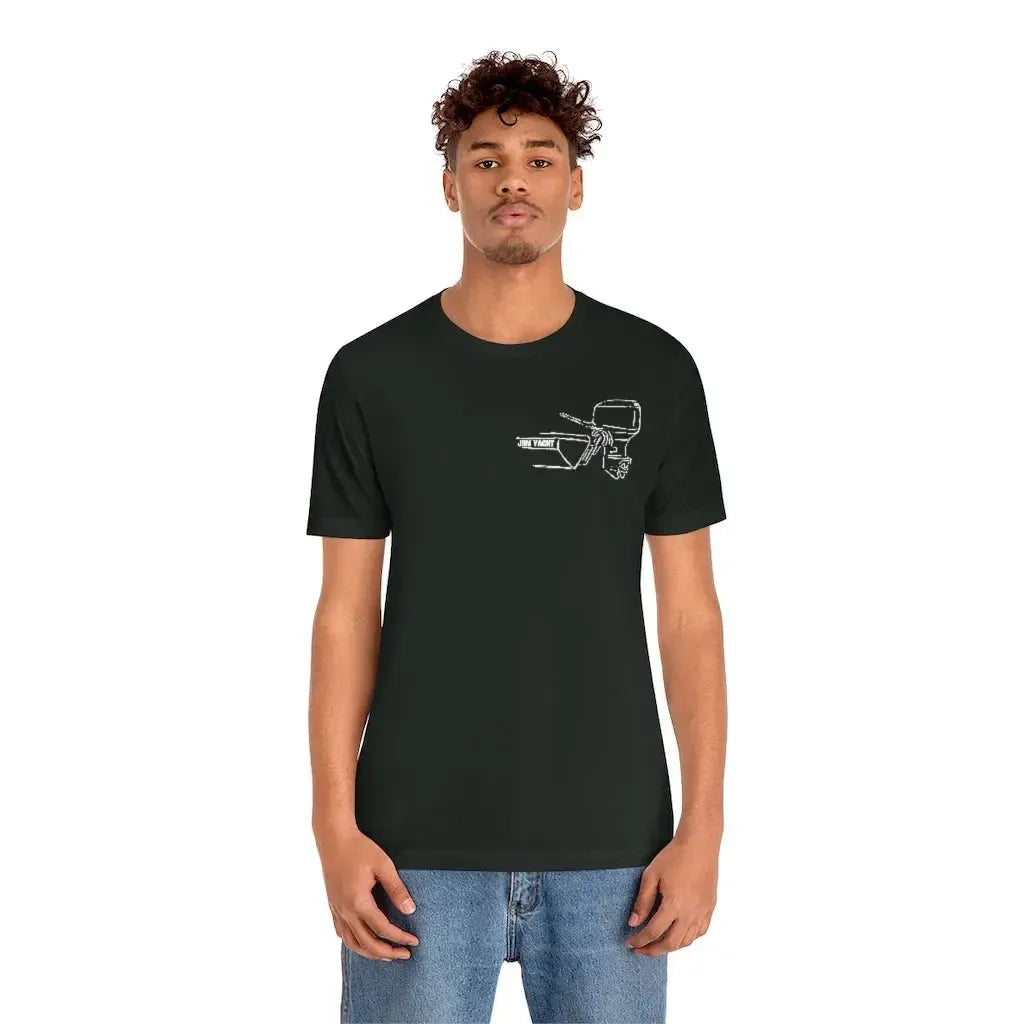 Black cotton tee with a white MERC Tiller outboard motor graphic on the left chest.