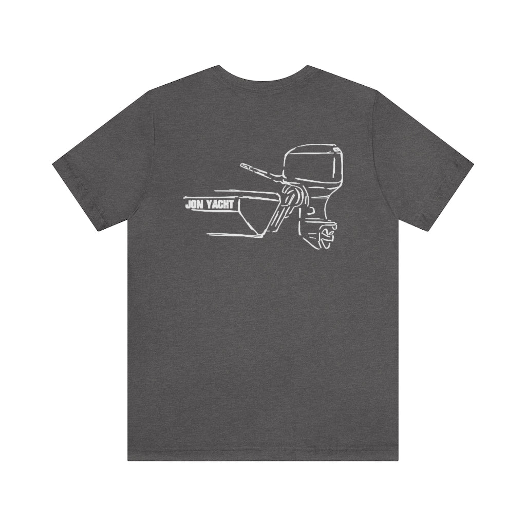 Charcoal gray cotton tee with white "JON YACHT" boat and MERC Tiller outline graphic.