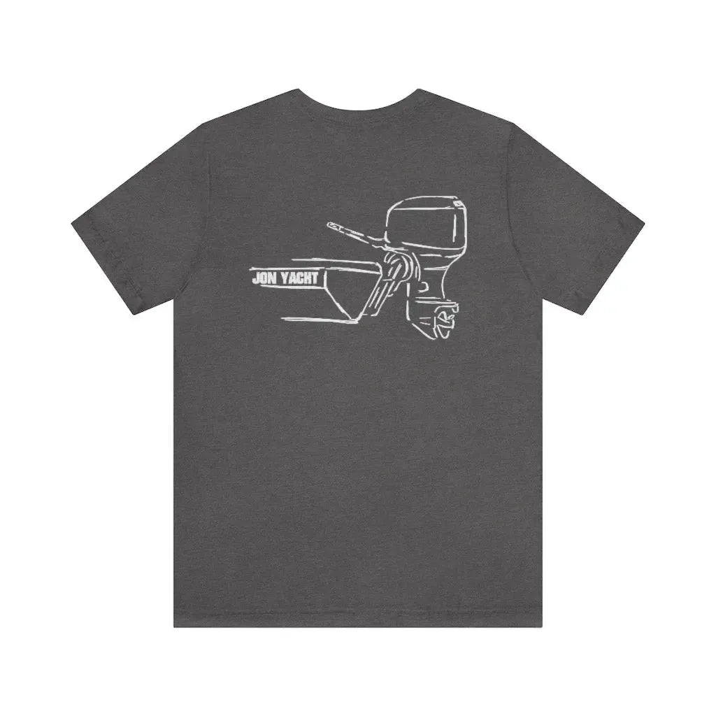Charcoal gray cotton tee with white "JON YACHT" boat and MERC Tiller outline graphic.