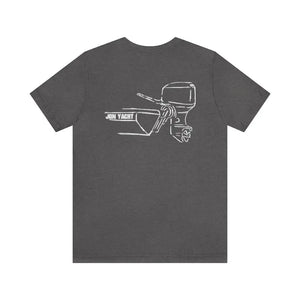 Charcoal gray cotton tee with white "JON YACHT" boat and MERC Tiller outline graphic.