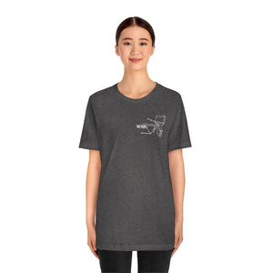 Dark gray MERC Tiller t-shirt with a white outline graphic of an outboard motor on the left chest.