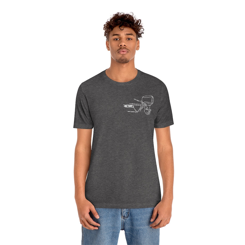 Charcoal grey cotton tee with a white MERC Tiller outboard motor graphic on the left chest.