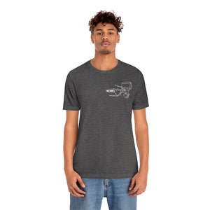Charcoal grey cotton tee with a white MERC Tiller outboard motor graphic on the left chest.