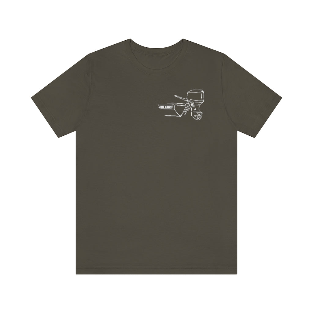 Dark gray cotton tee with a white outline graphic of a boat tiller and outboard motor.