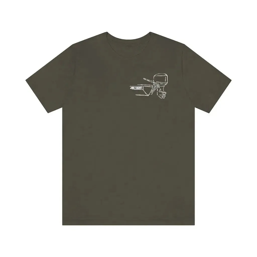 Dark gray cotton tee with a white outline graphic of a boat tiller and outboard motor.