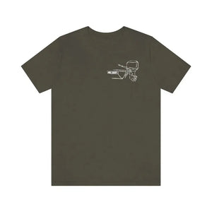 Dark gray cotton tee with a white outline graphic of a boat tiller and outboard motor.
