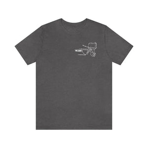 Dark gray cotton tee with white outline graphic of a boat and outboard motor.
