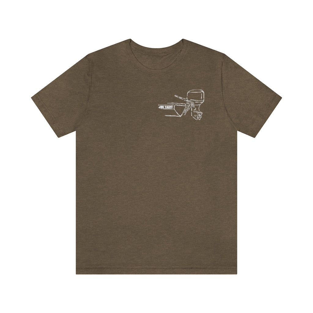 Brown MERC Tiller tee with white outline graphic of a boat motor and "JBL YACHT".