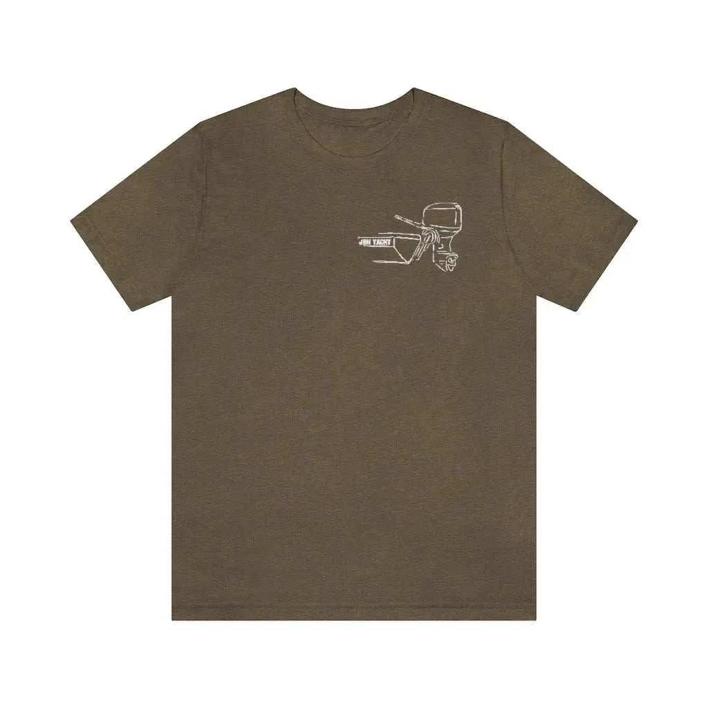 Brown MERC Tiller tee with white outline graphic of a boat motor and "JBL YACHT".