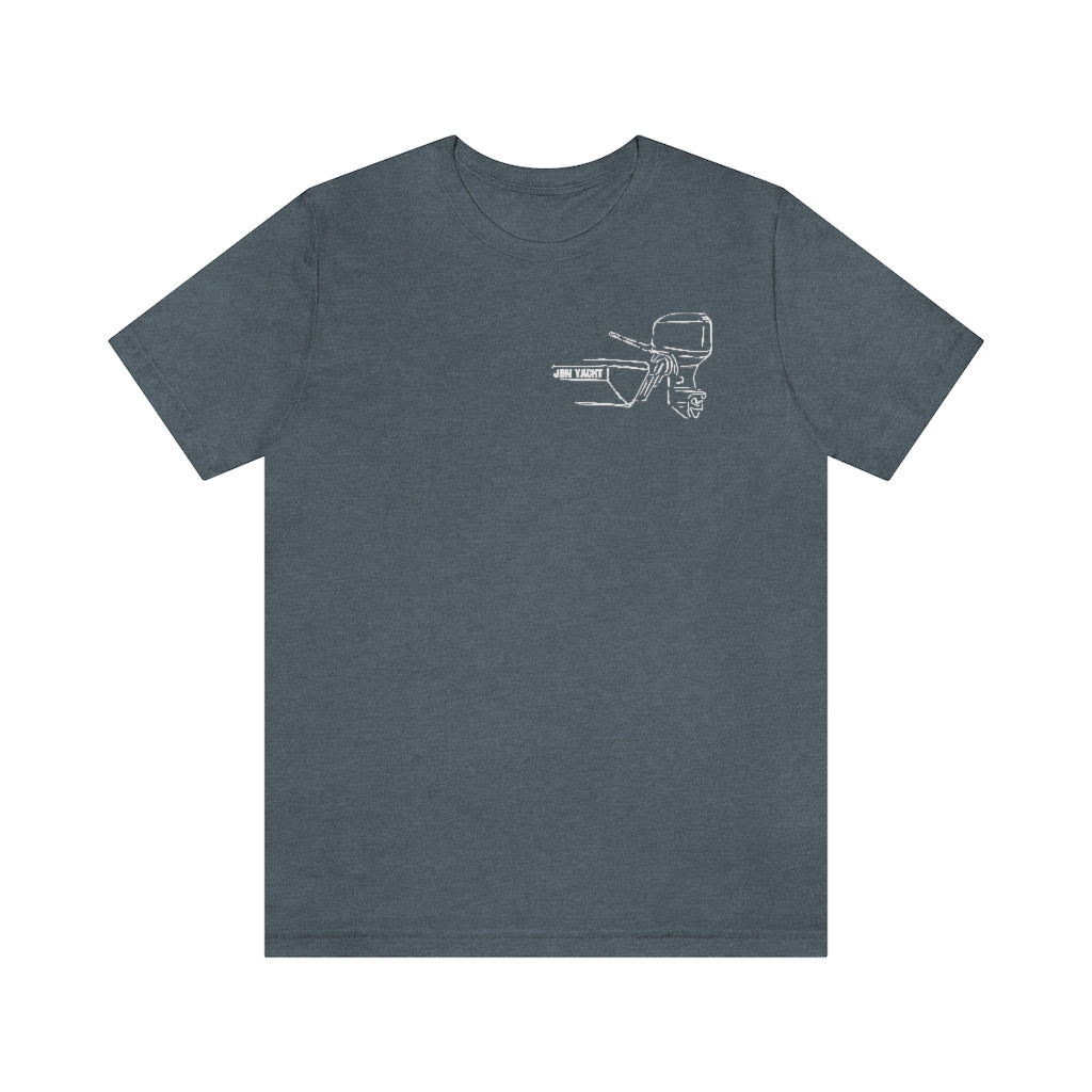 Dark gray cotton tee with a white outline graphic of a boat tiller and outboard motor.