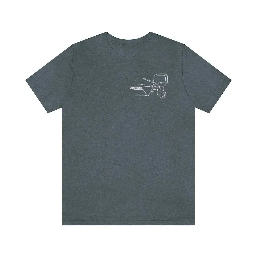 Dark gray cotton tee with a white outline graphic of a boat tiller and outboard motor.