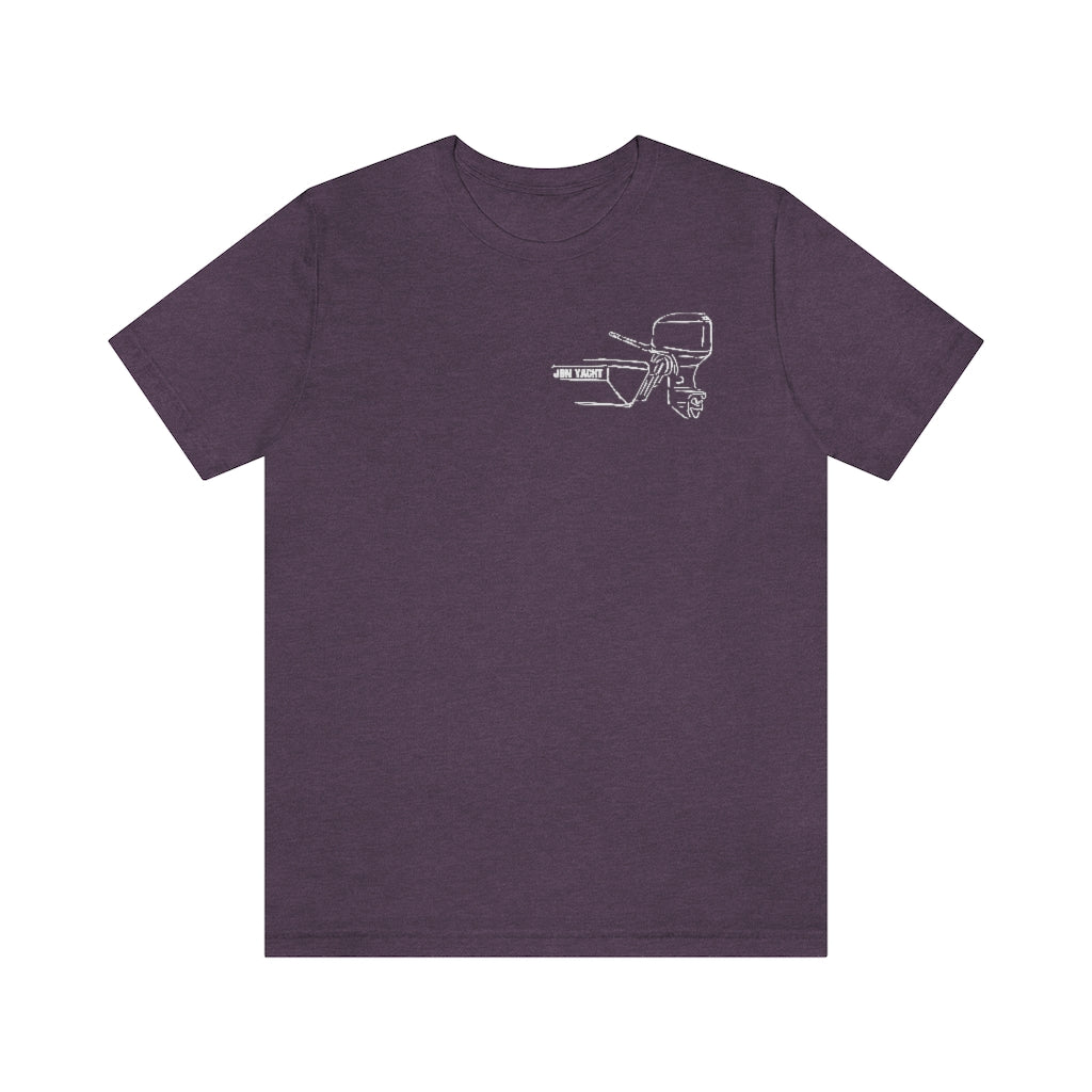 MERC Tiller purple cotton tee with white outline graphic of a boat and outboard motor.