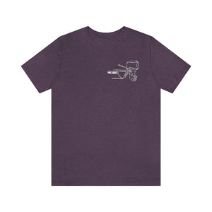 MERC Tiller purple cotton tee with white outline graphic of a boat and outboard motor.