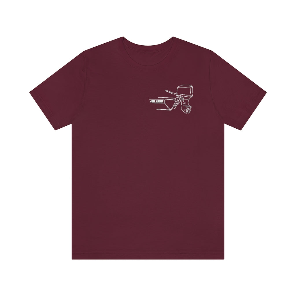 MERC Tiller maroon short sleeve tee with white outline graphic of a boat motor and "JDL YACHT".