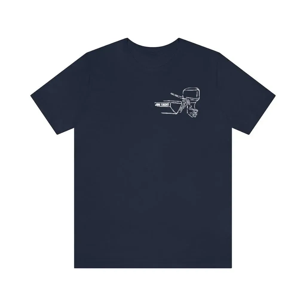 Navy blue cotton tee with a white outline graphic of a boat tiller and outboard motor.